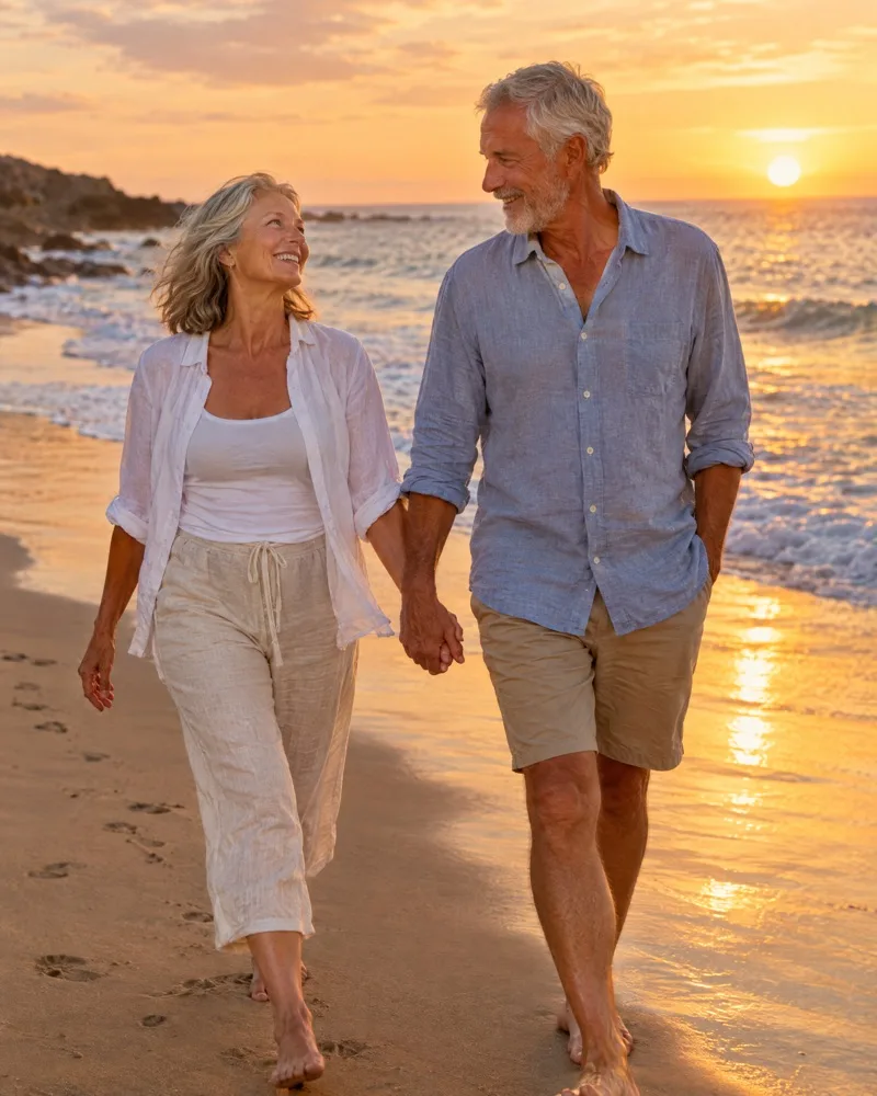 A retired couple walking together on the beach at sunset