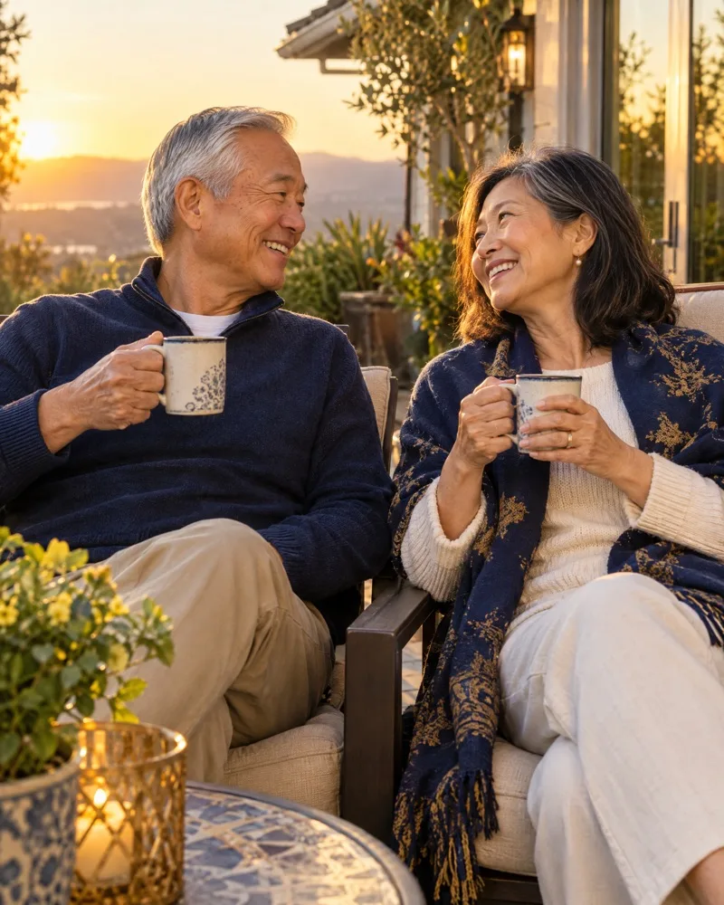 A retired couple, relaxed and happy together